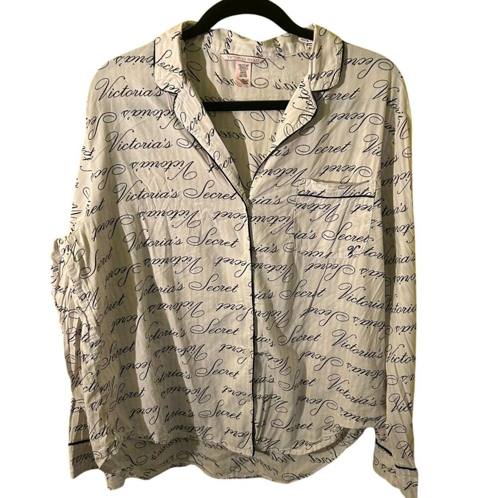 Victoria's Secret White Black Script Print Cotton Pajama Top Womens Medium